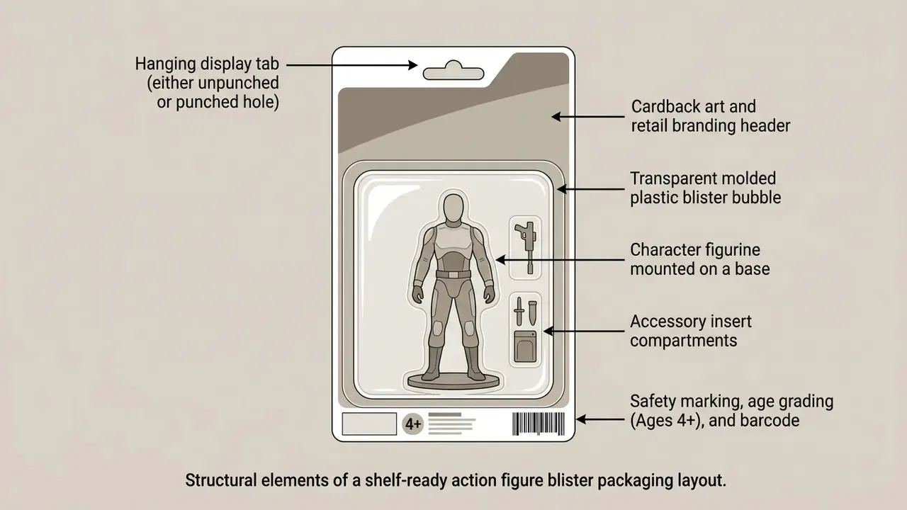 Diagram labeling the components of a toy blister pack including the hanging tab, cardback, and figure