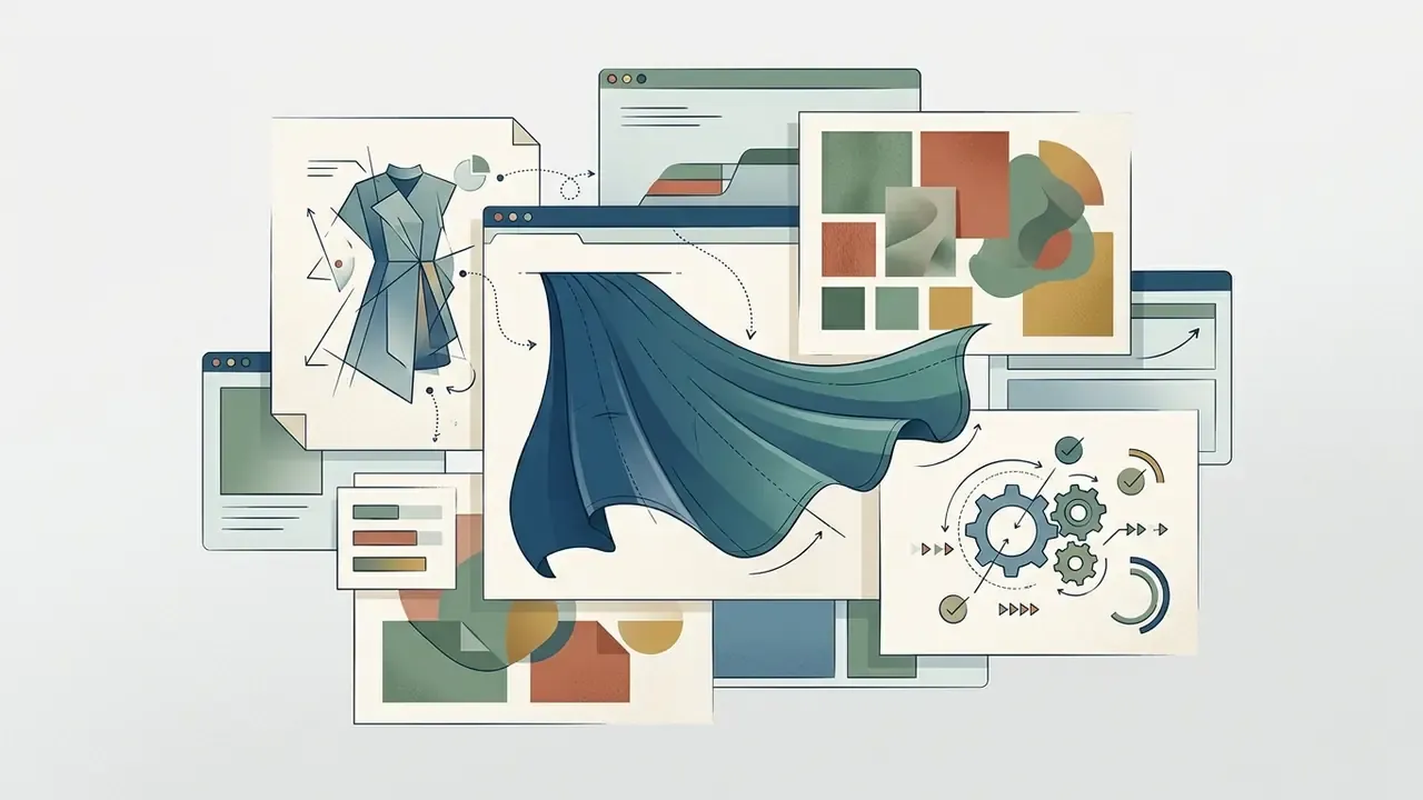 Collage of digital windows displaying fashion sketches, color swatches, and mechanical gear diagrams