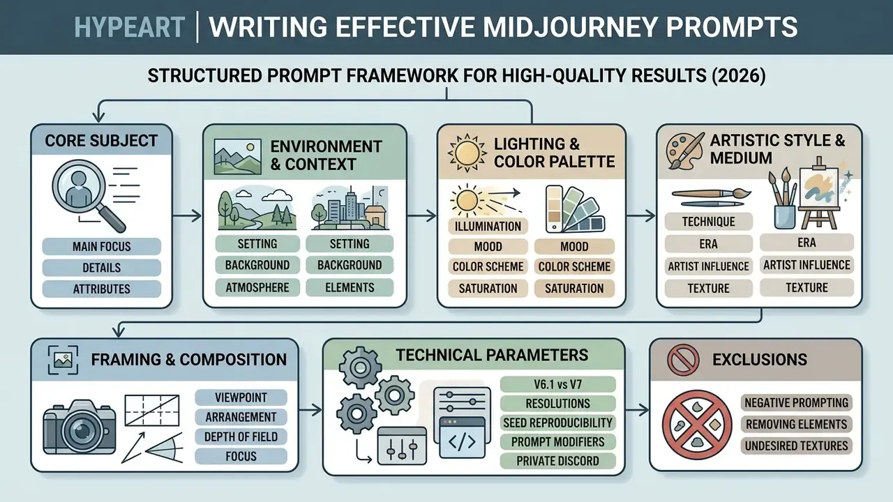 Infographic outlining a structured framework for building Midjourney AI prompts through sequential steps