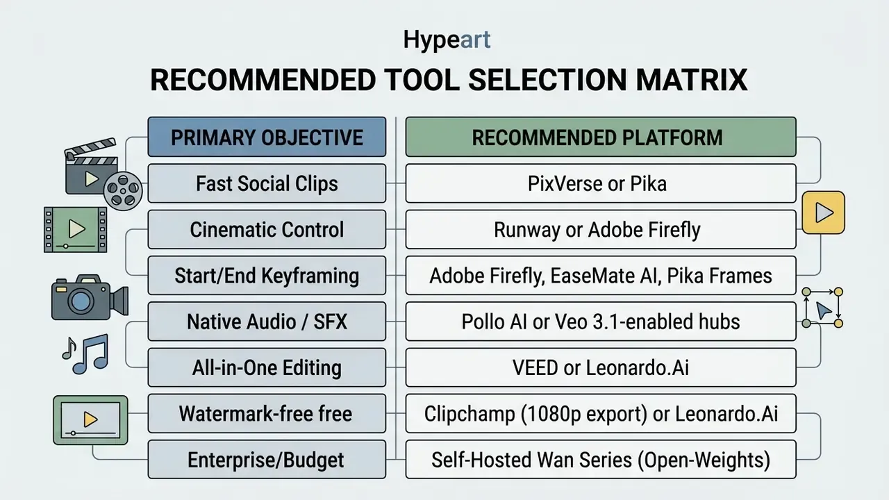 Matrix table mapping specific project objectives to recommended best image to video AI tools