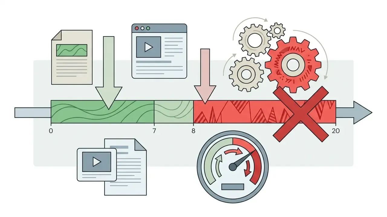 Timeline showing optimal duration with gears and a speedometer indicating excessive video length