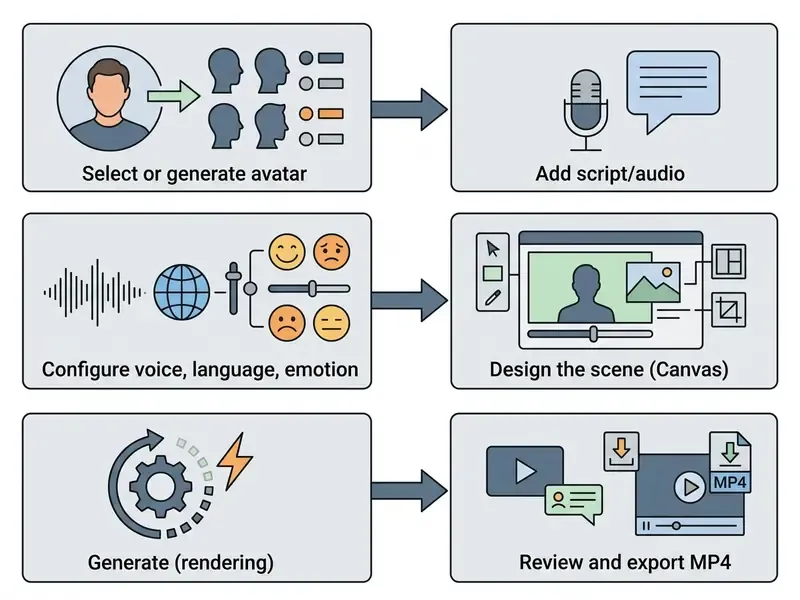 Sequential steps for creating a D-ID AI video starting with avatar selection through to final MP4 export