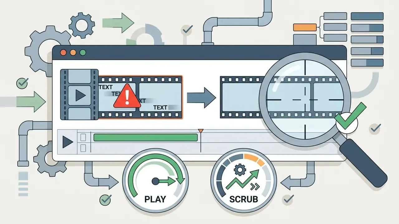 Magnifying glass inspecting video frames for flicker after removing text with play and scrub controls