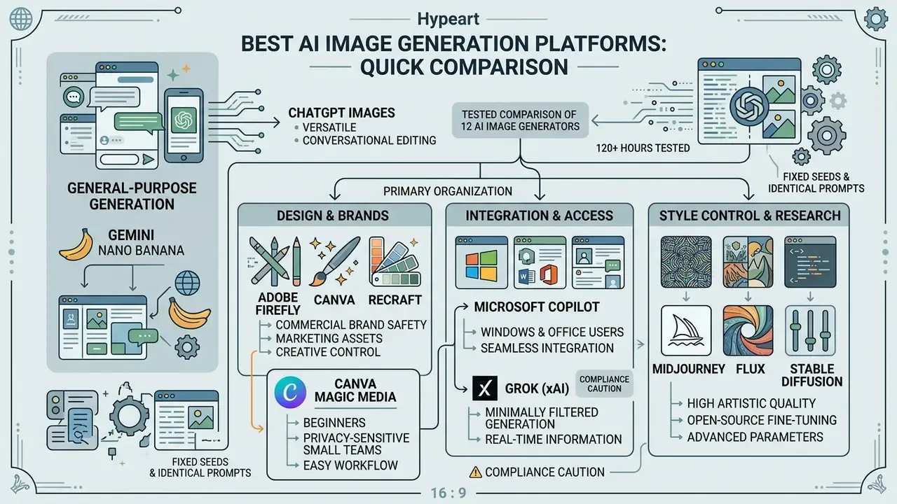 Categorized overview of AI image generation platforms comparing general use, design, and research tools