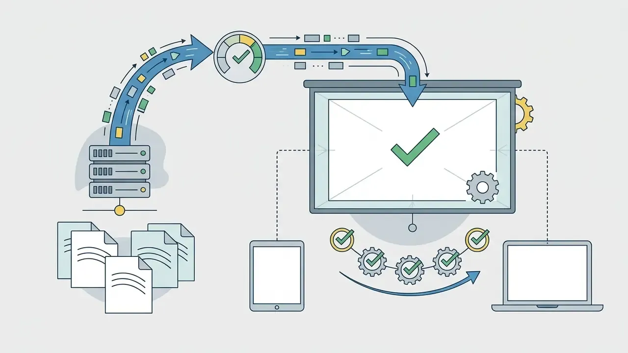Data flowing from server files into a presentation screen and connected devices for verification