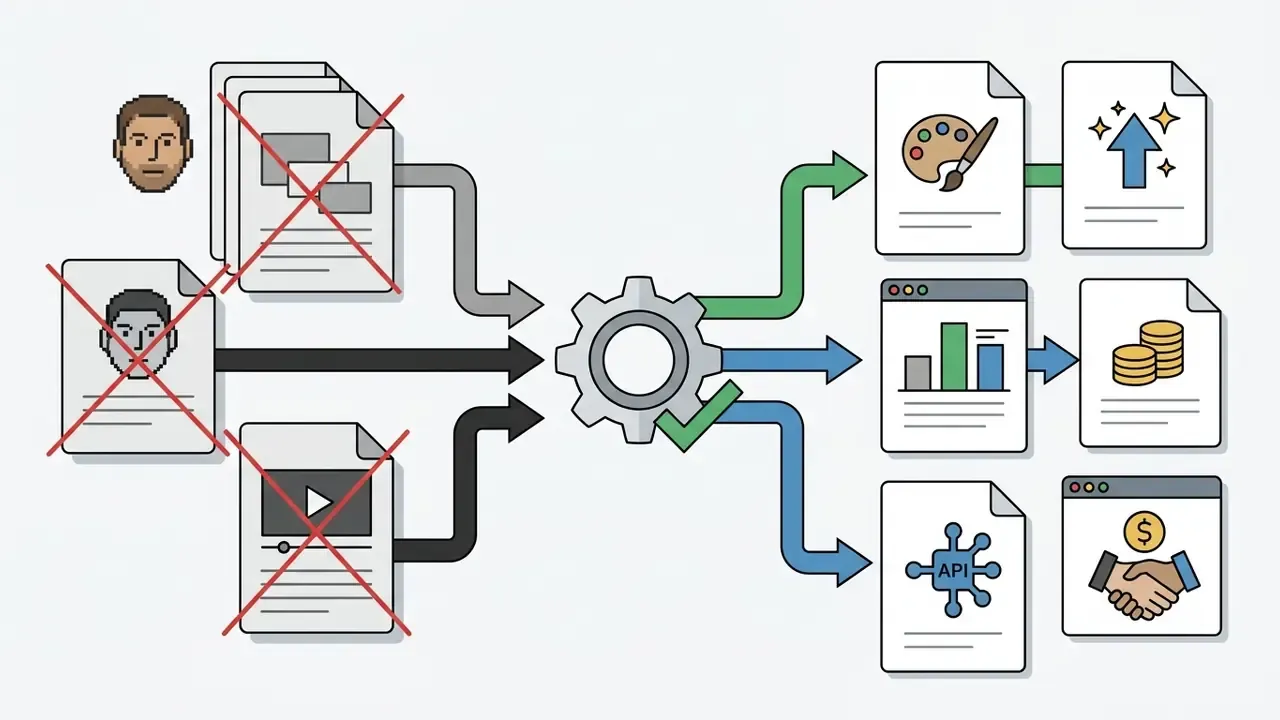 Rejected files flowing into a gear mechanism to be converted into new resource and utility documents