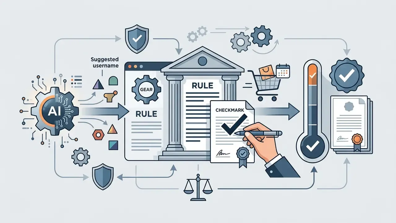 AI processor feeding into a legal building with a hand signing documents and a status gauge