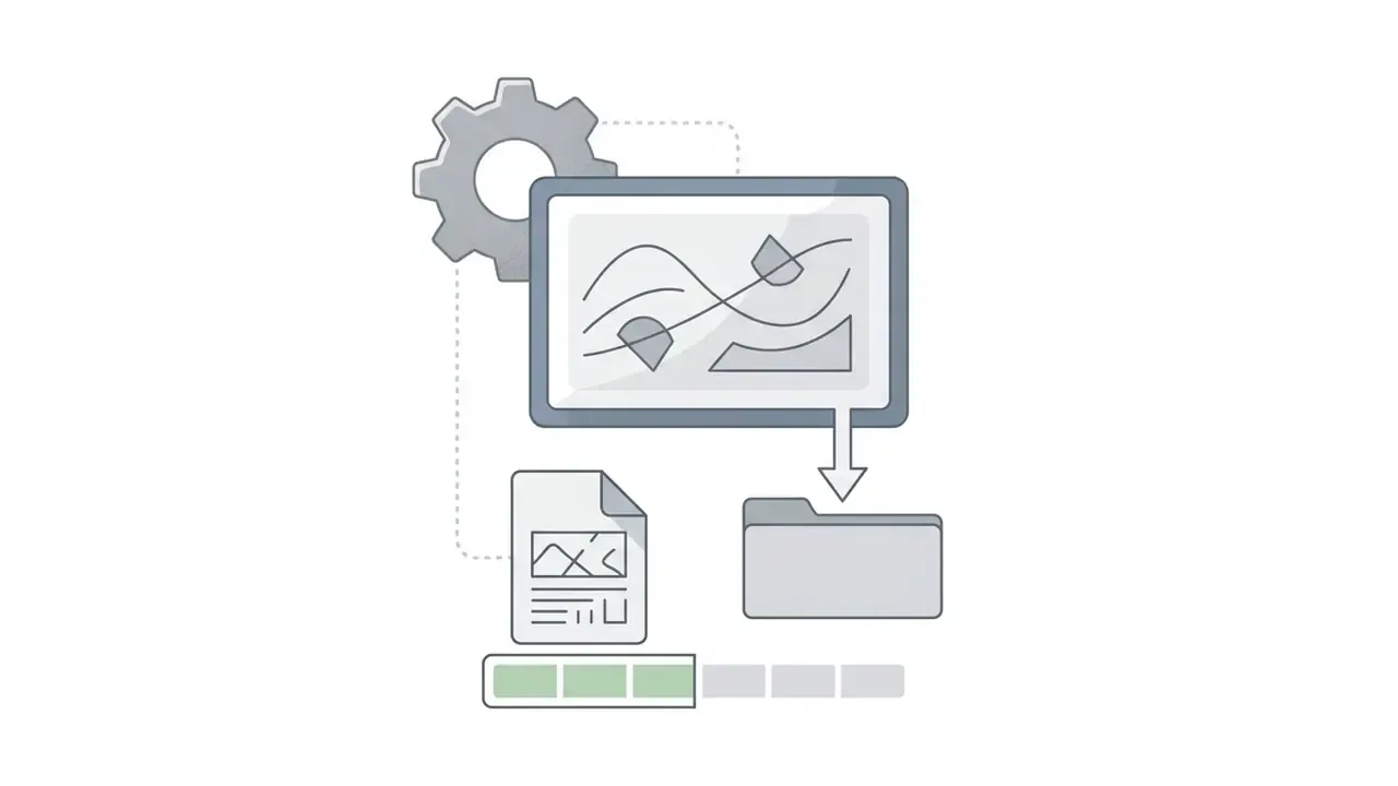 Gear processor connected to a display and file icon with a progress bar indicating limited resolution export