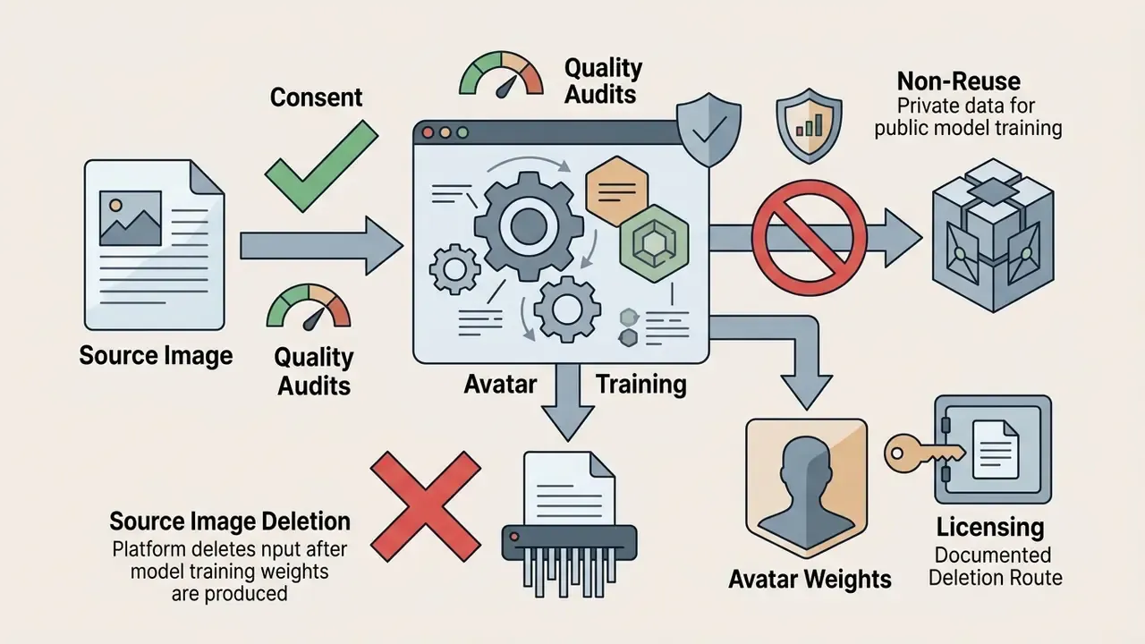 Icons showing source image consent, data deletion, and secure storage of trained avatar weights