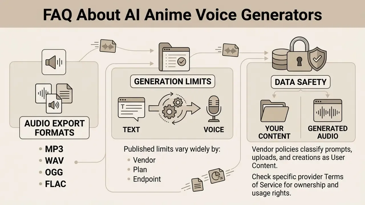 Diagram detailing audio export formats, generation limits, and data safety policies for synthetic voices