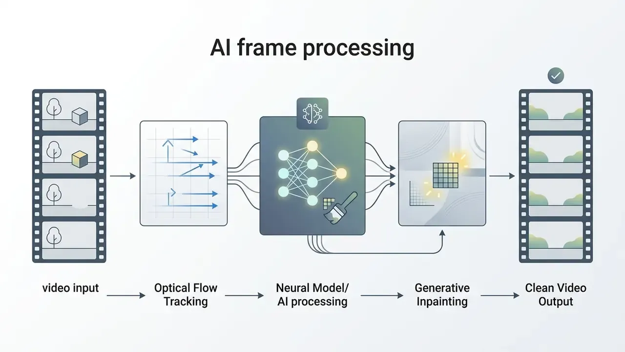 Sequence showing video frames moving through optical flow tracking, neural model AI, and generative inpainting