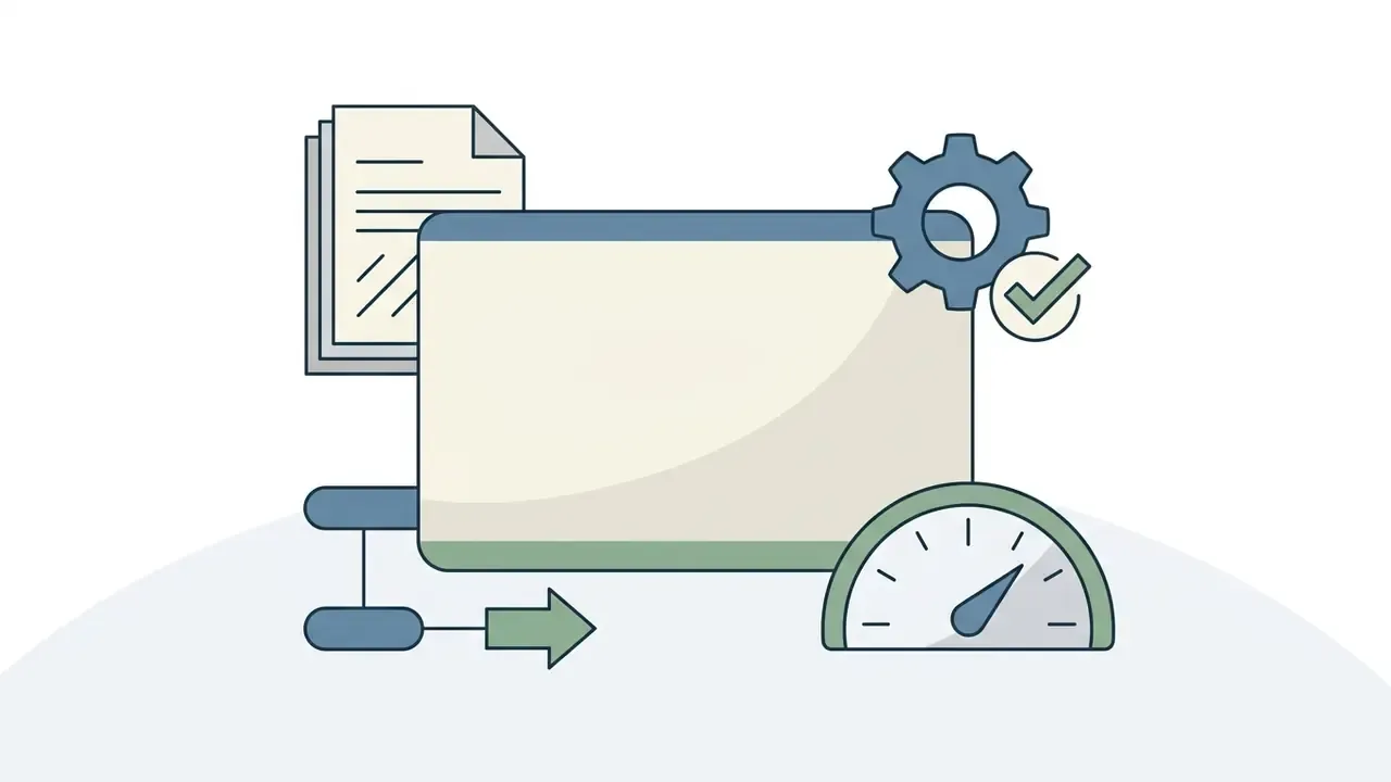 Laptop screen with document icons, a gear, a checkmark, and a speedometer for OpenAI image generation
