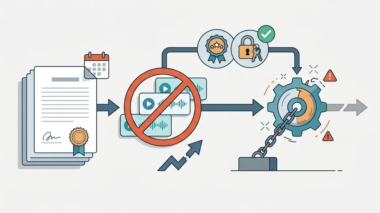 Legal document and calendar icon leading to restricted audio clips and a chained gear mechanism