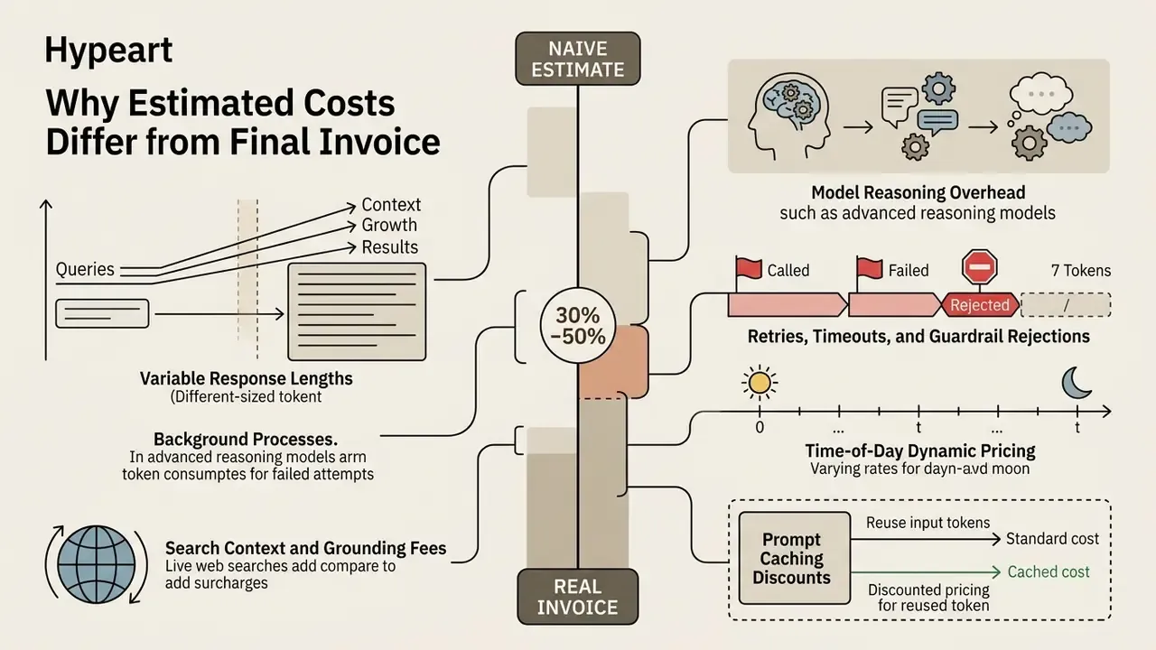 Infographic showing factors like reasoning overhead and retries that cause AI API cost discrepancies