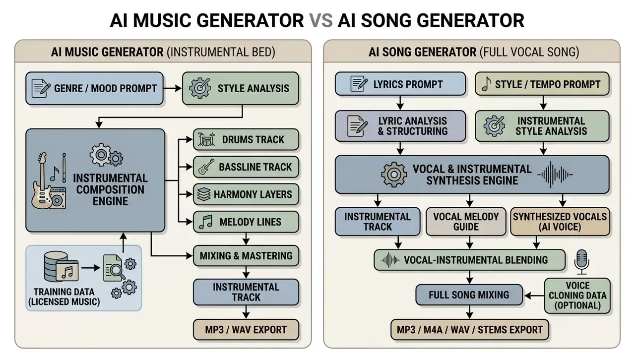 Flowchart comparing the processing steps for instrumental music generation against full vocal song synthesis