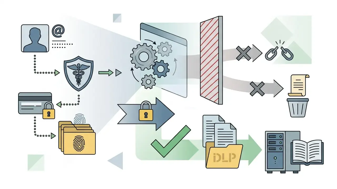 Personal data flowing through a security filter that blocks sensitive information while allowing safe files
