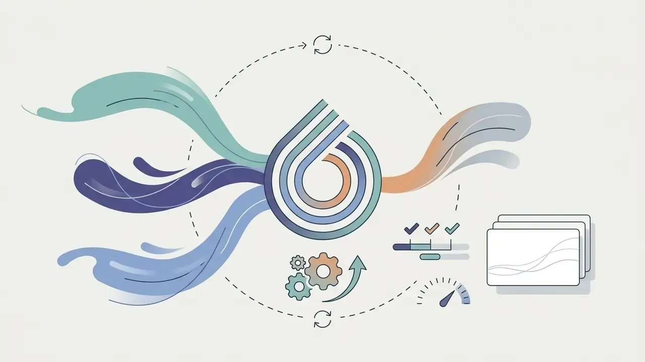 Abstract liquid shapes converging into a central circular mark with gears and performance icons