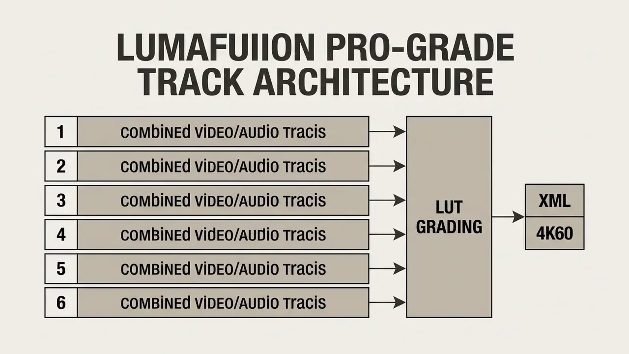 Diagram showing six combined video and audio tracks flowing into a LUT grading process for 4K60 XML export