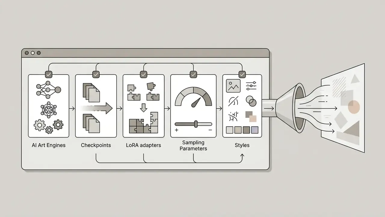Five sequential processing stages funneling model and style parameters into a final visual output