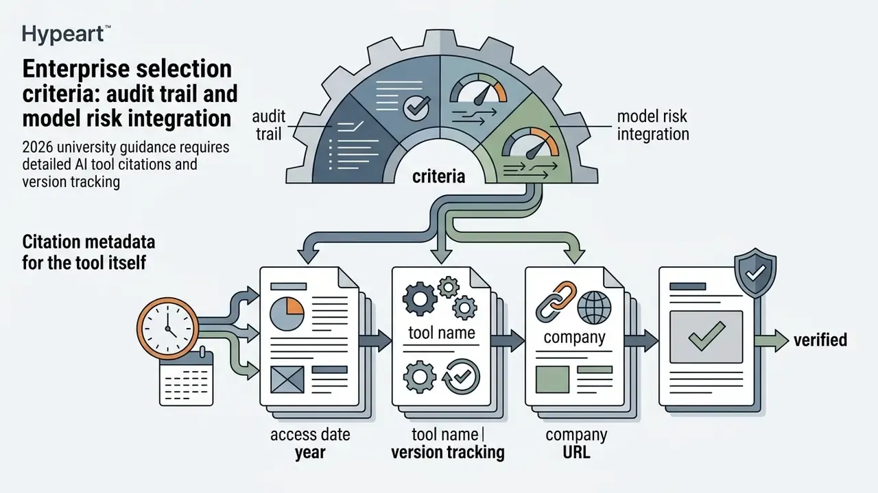 Gear icon connecting audit and risk criteria to a sequence of metadata fields for citation compliance