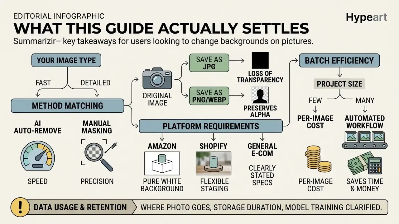 Flowchart comparing background removal methods, file formats, platform requirements, and batch efficiency