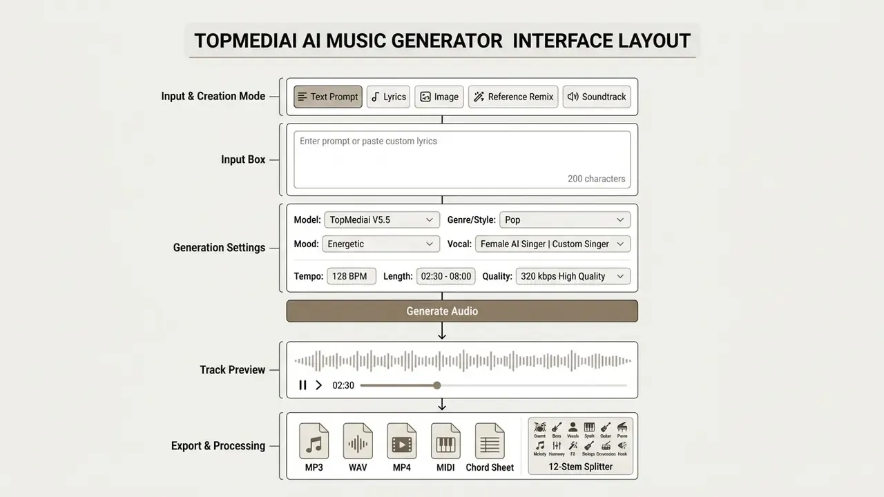 Detailed user interface layout showing input fields, generation settings, audio preview, and export options