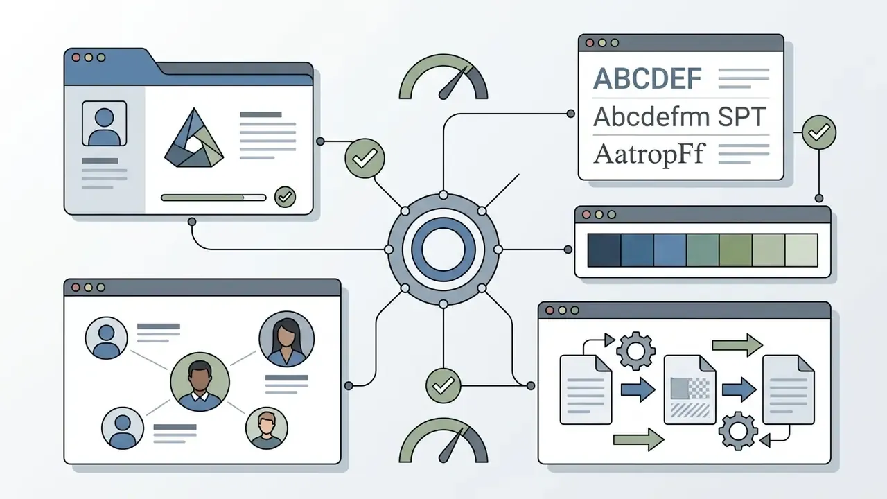 Brand assets like logos, fonts, color palettes, and team workflows connecting to a central hub