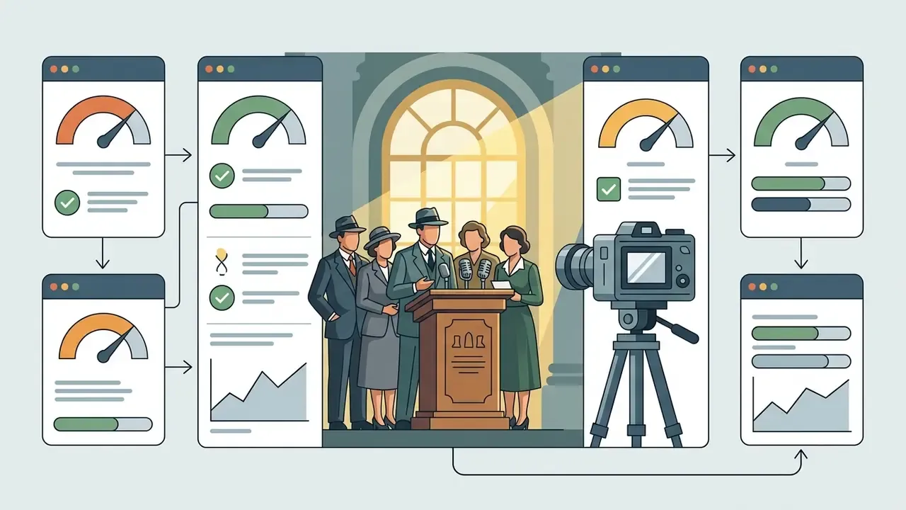 Historical figures at a press briefing surrounded by performance data panels and a camera on a tripod