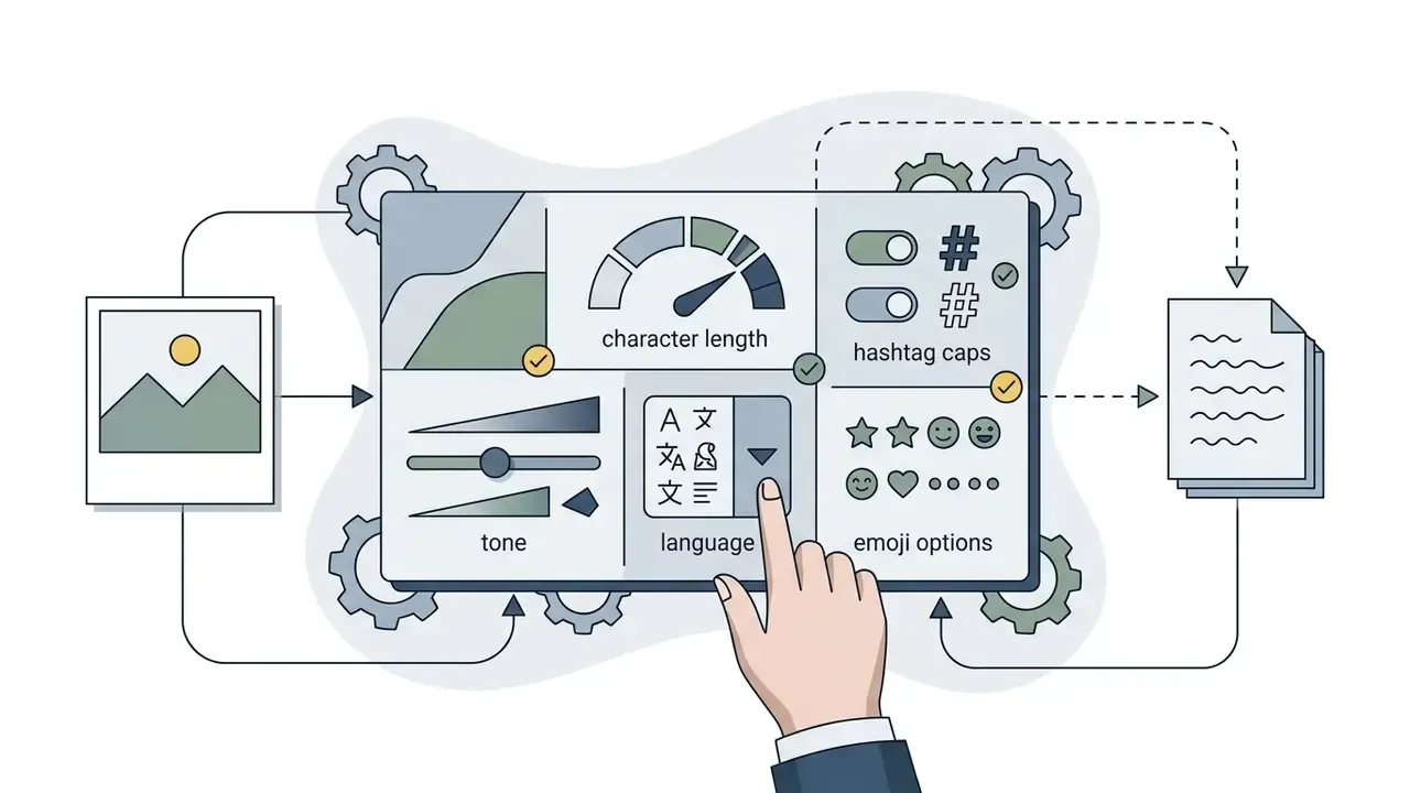 Hand adjusting settings like tone, language, and character length for image captioning