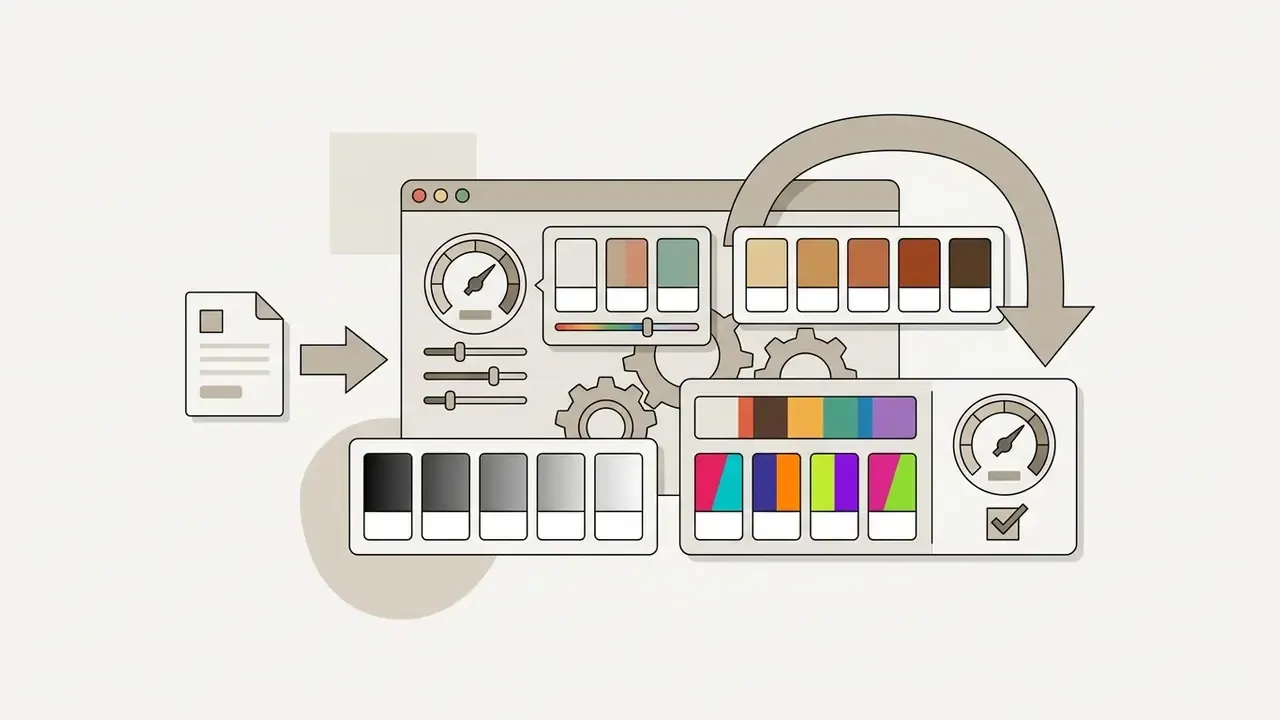 Document icon connecting to panels showing color palettes, adjustment sliders, and performance gauges
