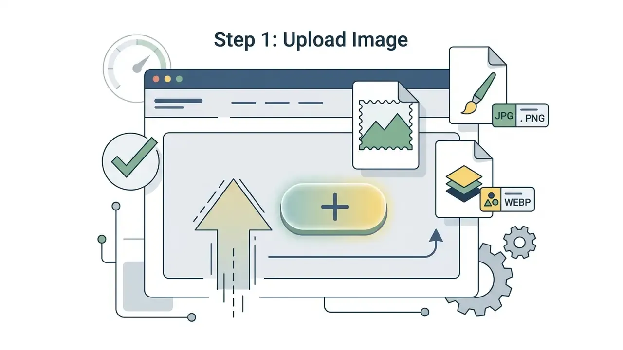 Web interface showing a file upload button with icons for JPG, PNG, and WEBP file formats