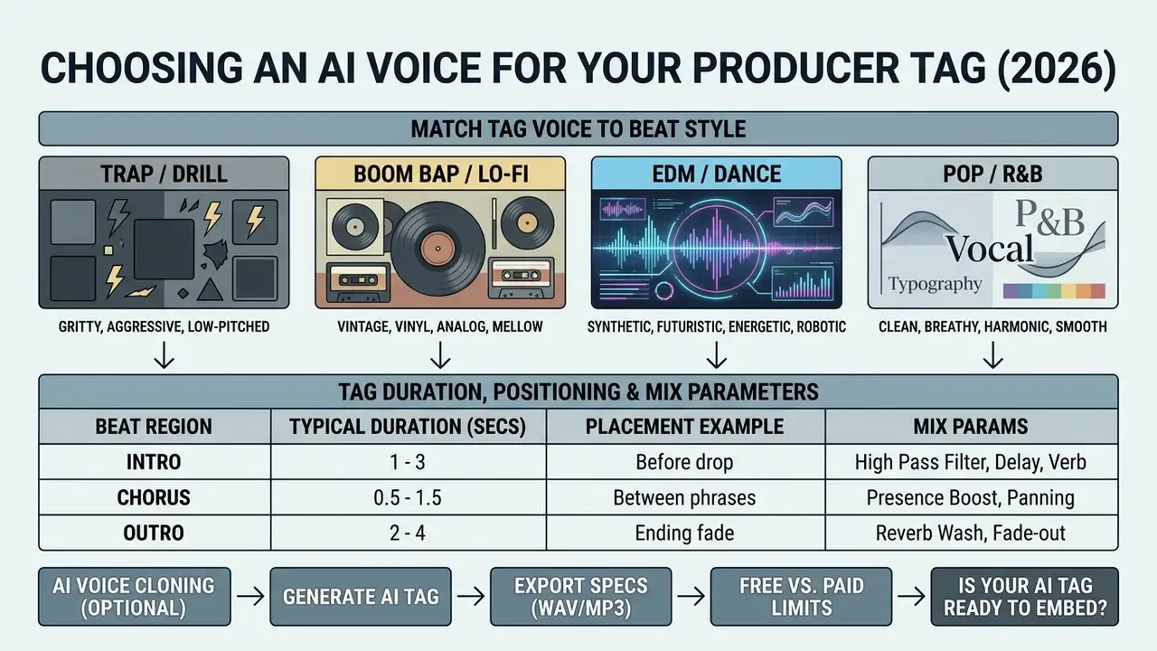 Chart matching music styles to AI voice characteristics and detailing tag mix parameters and workflow