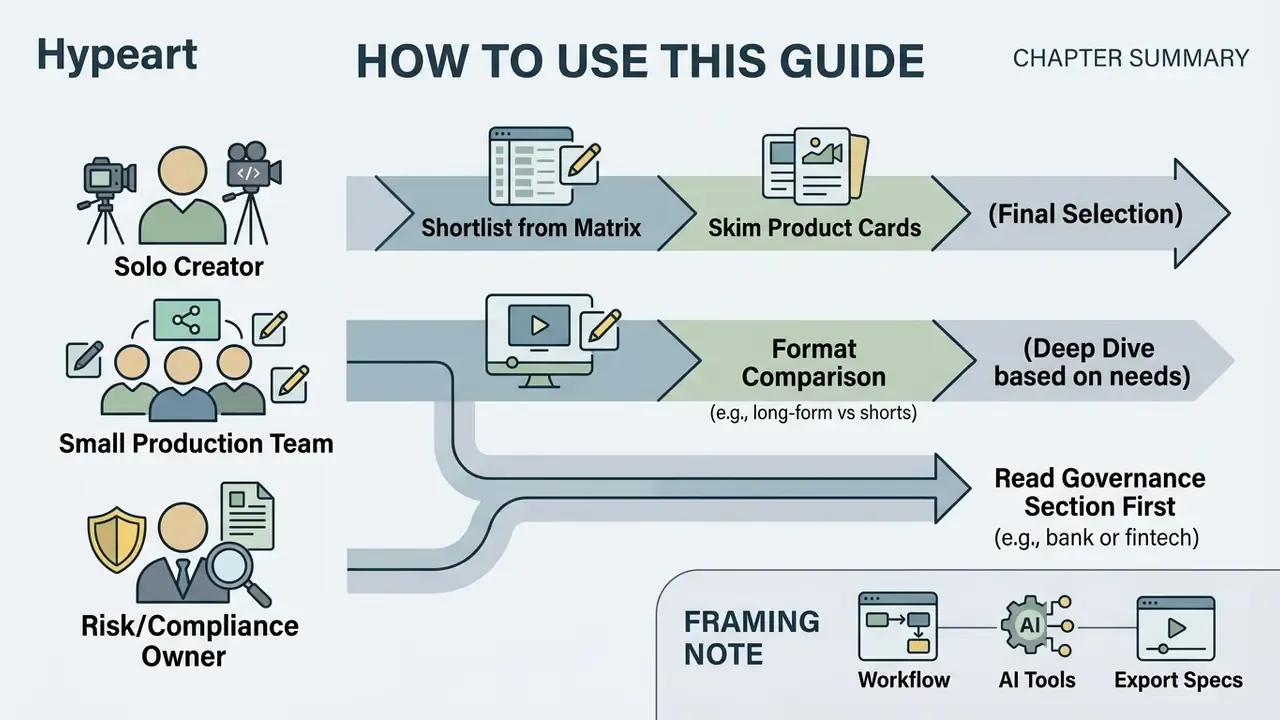 Flowchart mapping different paths for solo creators, production teams, and compliance owners to use the guide