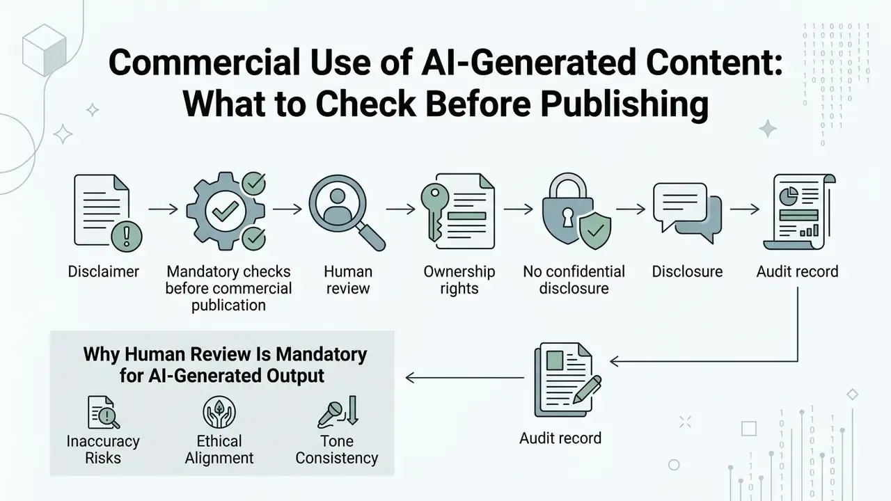 Sequential icons showing steps for legal and ethical verification of AI content before commercial release