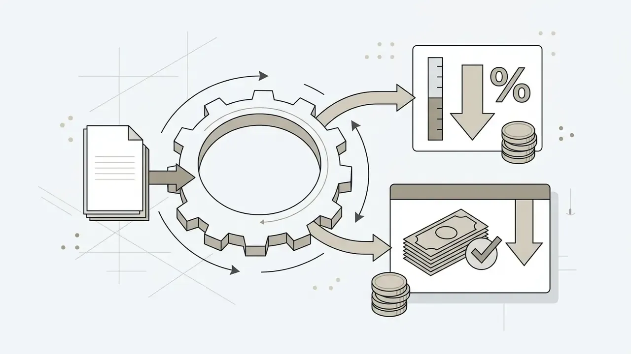 Central gear mechanism connecting a document to icons representing percentage and cash savings