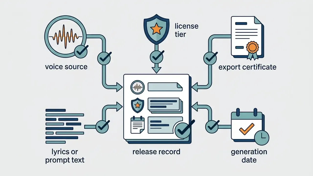 Voice source, text, license, certificate, and date data flowing into a centralized release record document