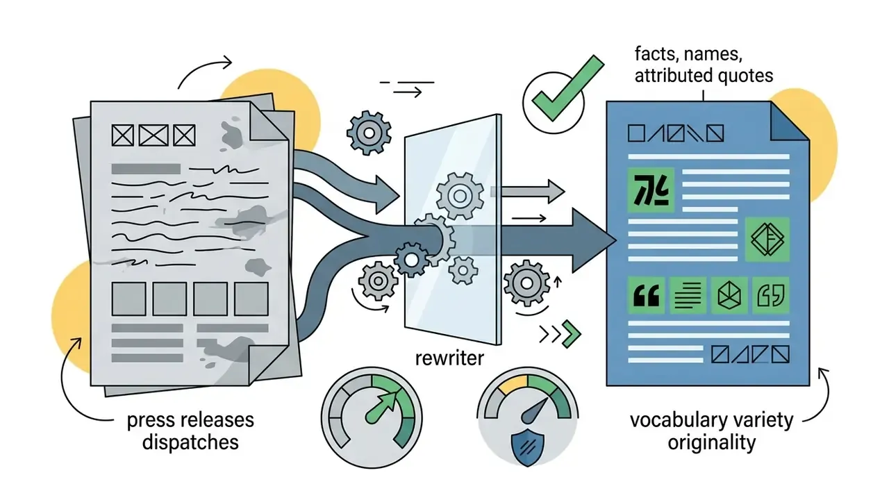 Press releases and dispatches flowing through a gear mechanism to produce original content with variety