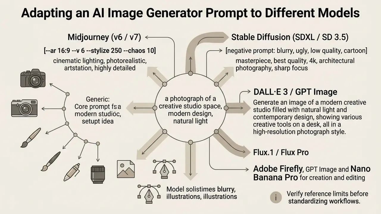 Diagram showing how a core text description is tailored into specific inputs for various generative models
