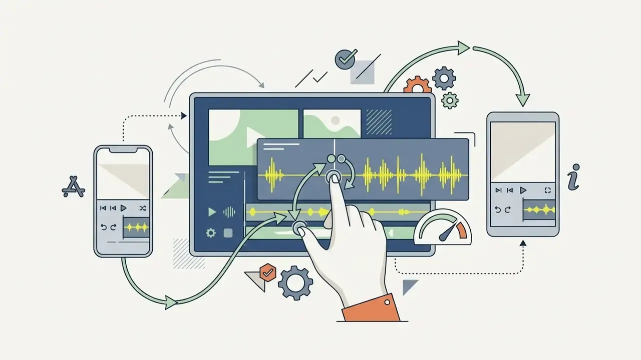 Hand using multi-touch gestures to adjust audio waveforms on a tablet screen connected to mobile devices