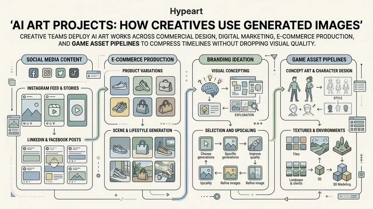 Detailed infographic mapping professional workflows for using AI generated art in various creative industries