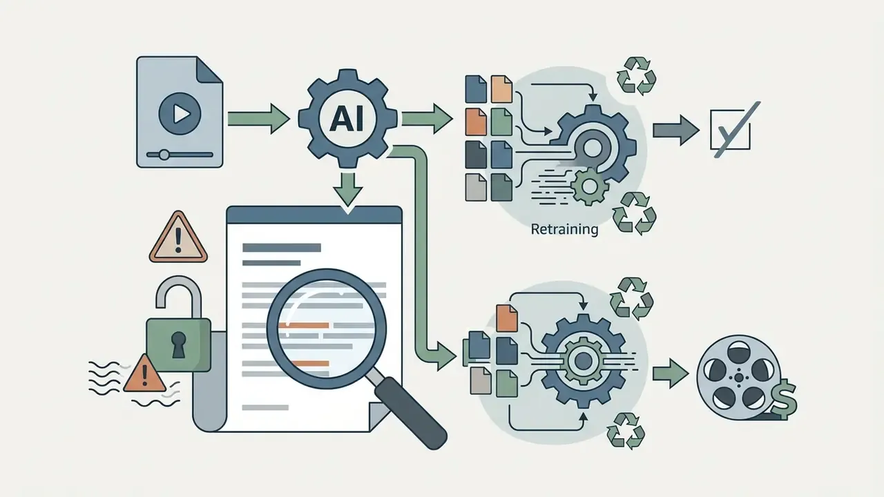 AI processing pipeline showing data ingestion leading to model retraining or commercial video export