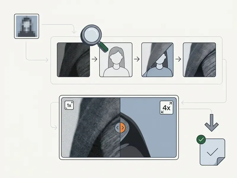 Magnifying glass inspecting a portrait before a side-by-side preview of the AI enhanced result