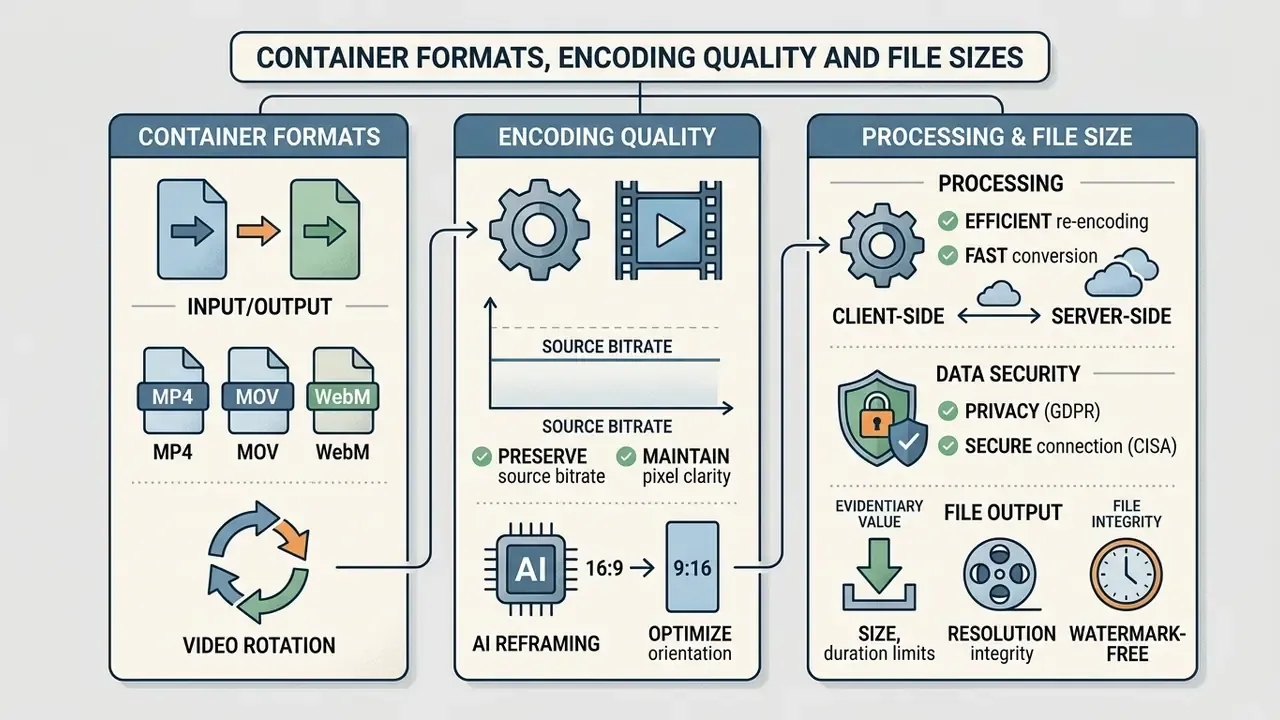 Infographic detailing video container formats, encoding quality metrics, and file processing standards