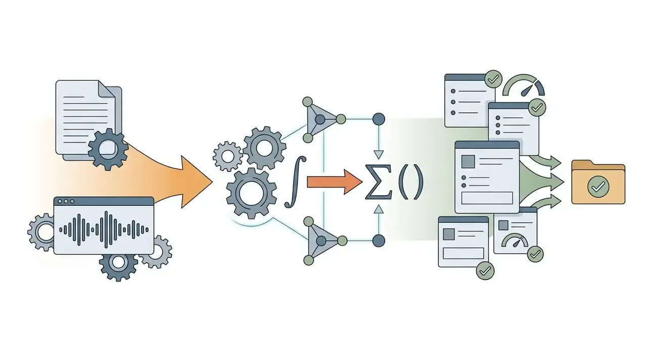 Document and audio inputs feeding into mathematical processing gears that output structured quiz forms