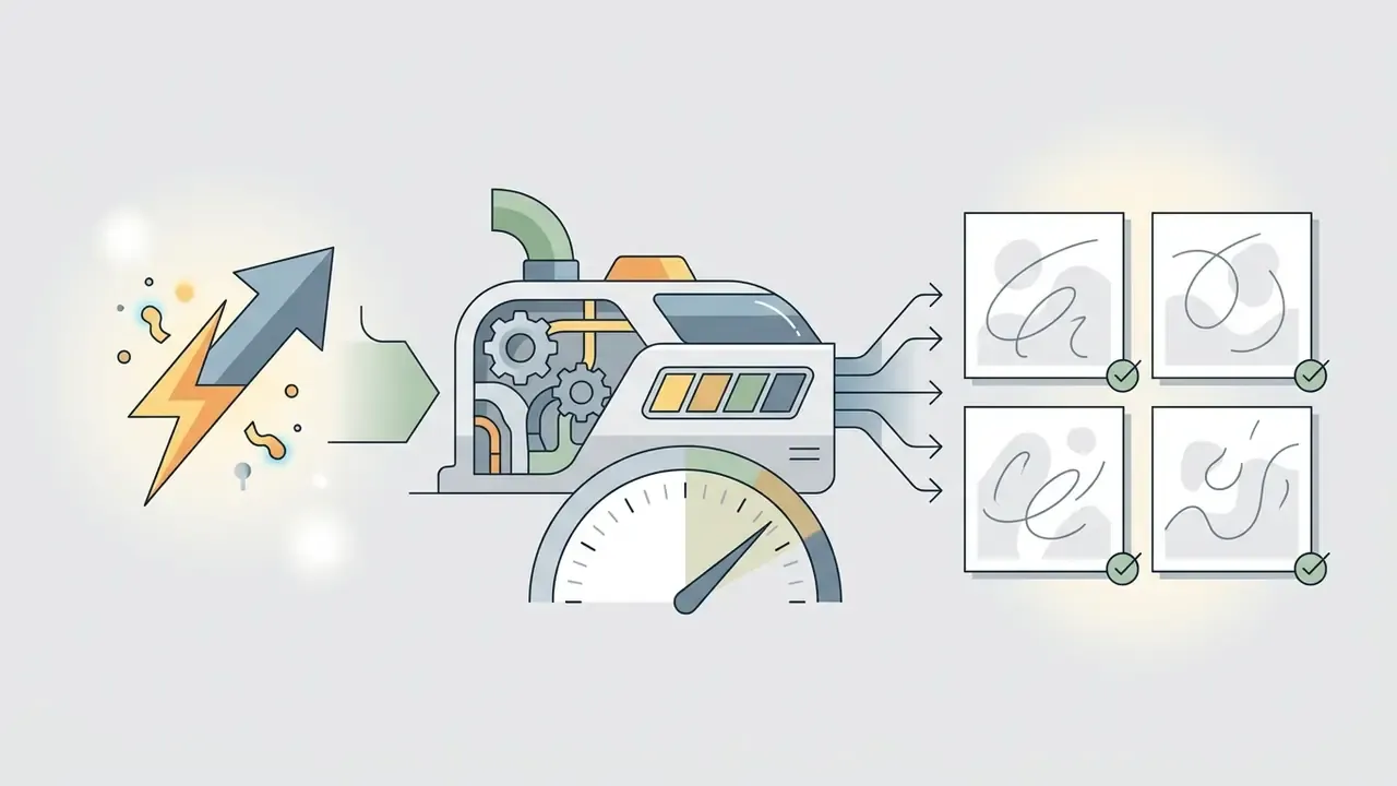 Conceptual graphic showing energy boosts fueling a machine that outputs four distinct image variations