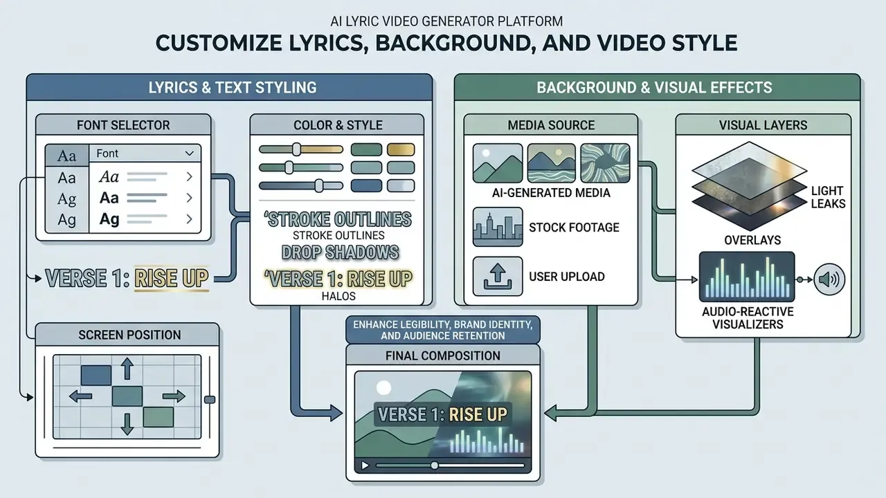Infographic showing options for text styling, background media, and visual layers for video production
