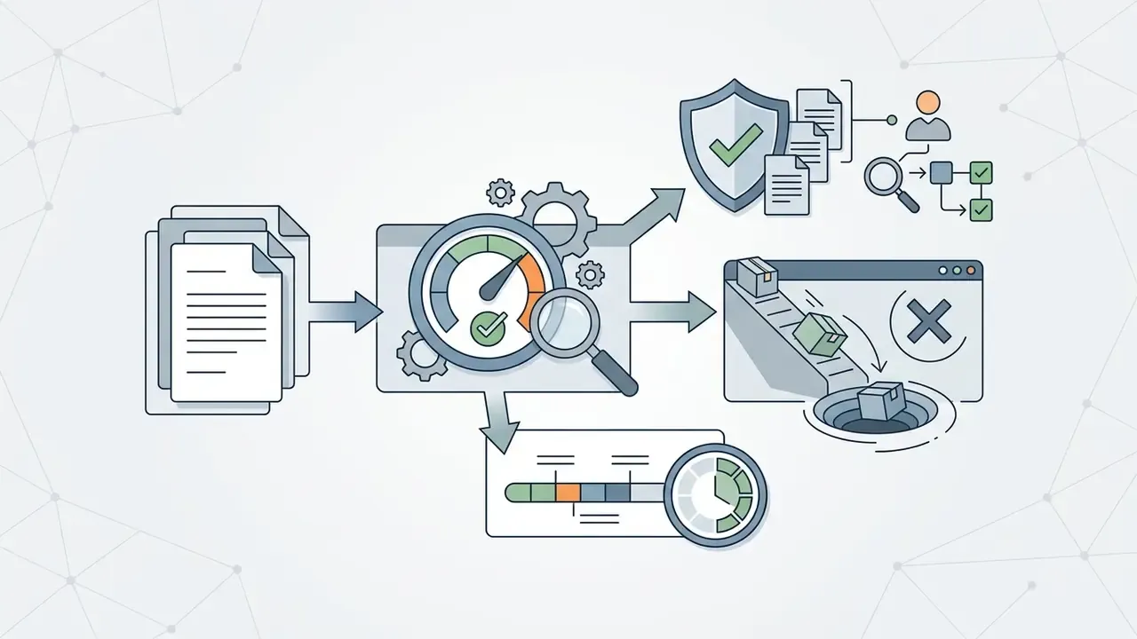 Documents moving through a gauge and gears to reach secure storage, deletion, and timeline tracking icons