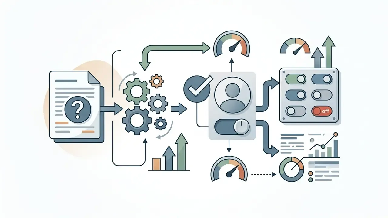 Document with a question mark moving through gears to a user profile with toggle switches and data metrics