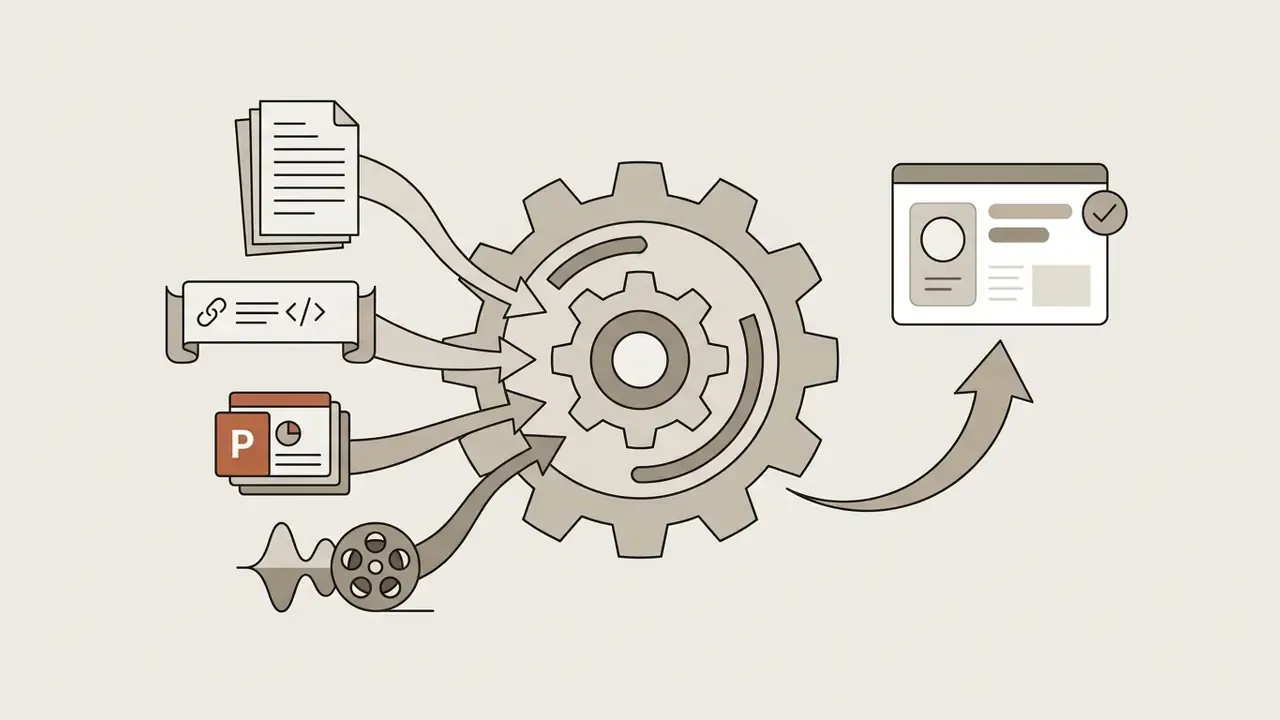 Icons for documents, links, slides, and media feeding into a central gear to generate a digital video interface