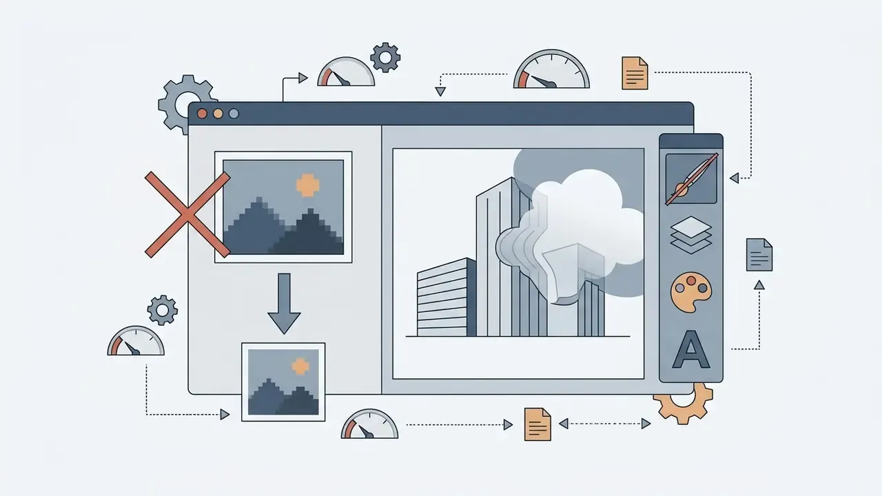Software interface showing pixelated image processing and a tool panel for editing architectural designs